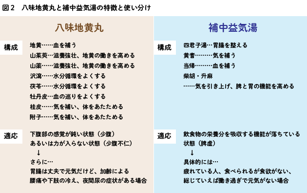 図2 八味地黄丸と補中益気湯の特徴と使い分け